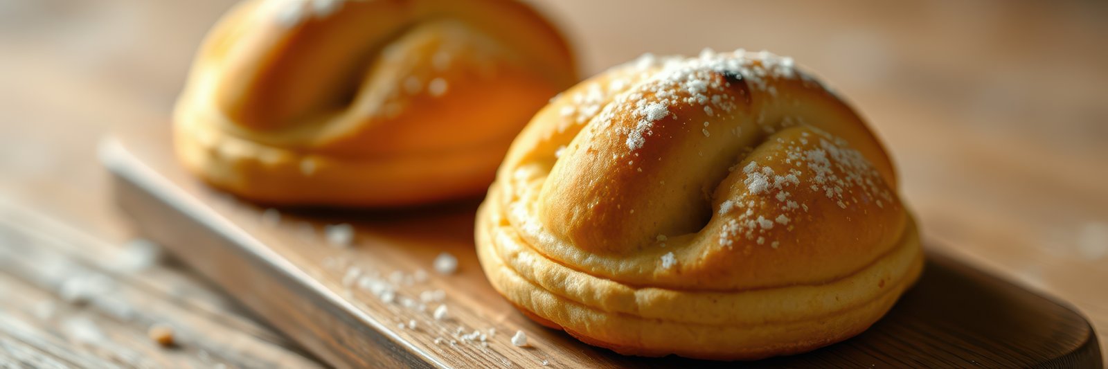 Freshly baked sweet rolls dusted with powdered sugar on a wooden serving board